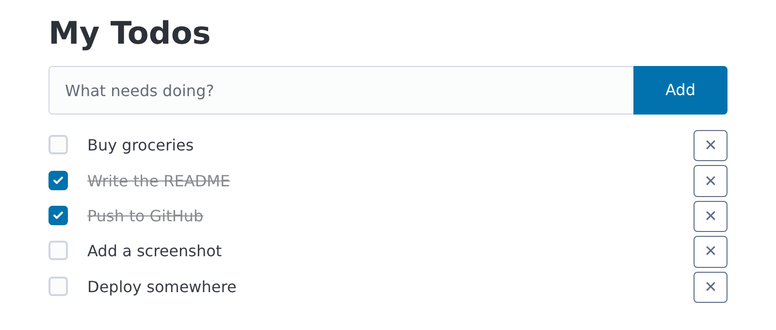 The finished app: an input for new todos, two finished items crossed out and three open ones