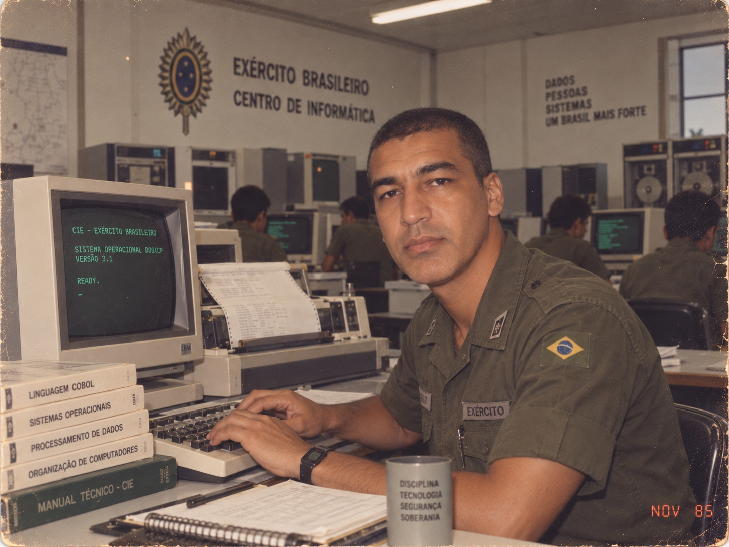 Edu at the IBM terminal, Centro de Informática, Exército Brasileiro, November 1985